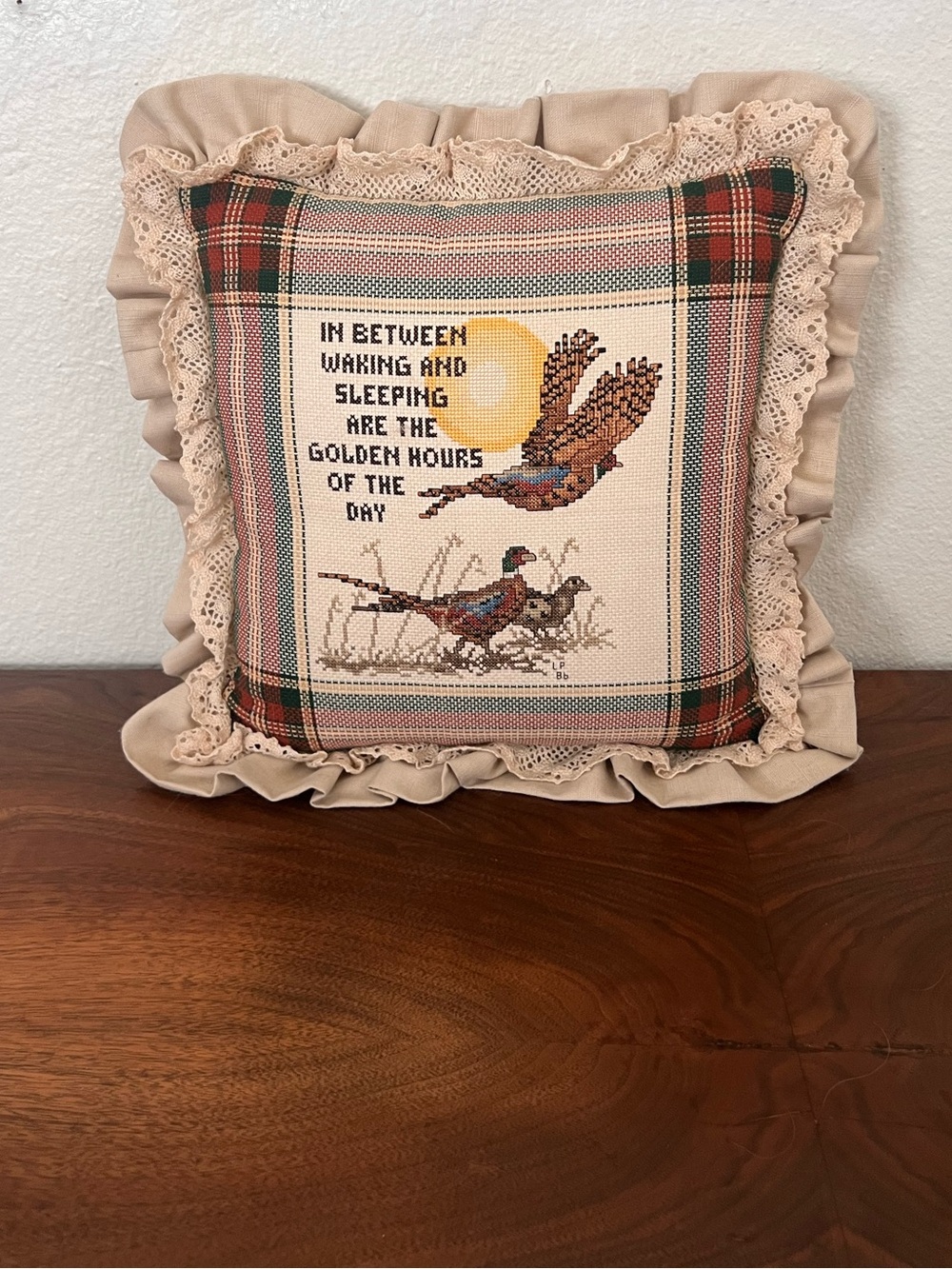 Vintage 90s Cross-Stitch Embroidered Pheasant Ruffle Pillow